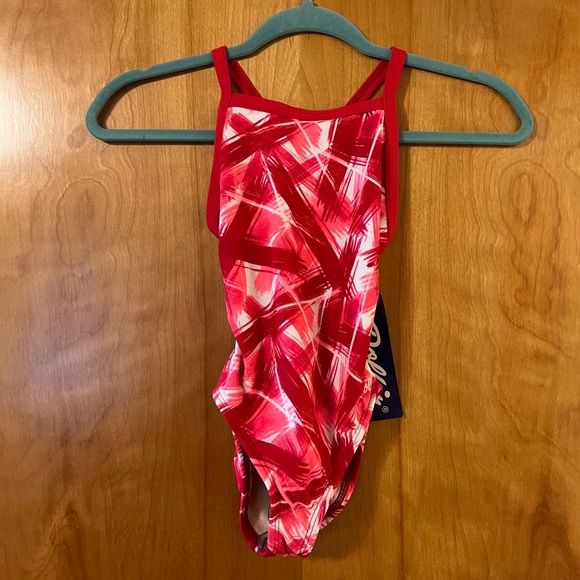 Dolfin Competition Swim Suit Abstract Red Swimsuit Girls Juniors Size 22 NWT - Picture 9 of 9